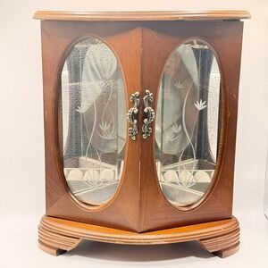 Vintage Wood Jewelry Box Armoire Etched Glass Doors Necklace Carousel Mirror